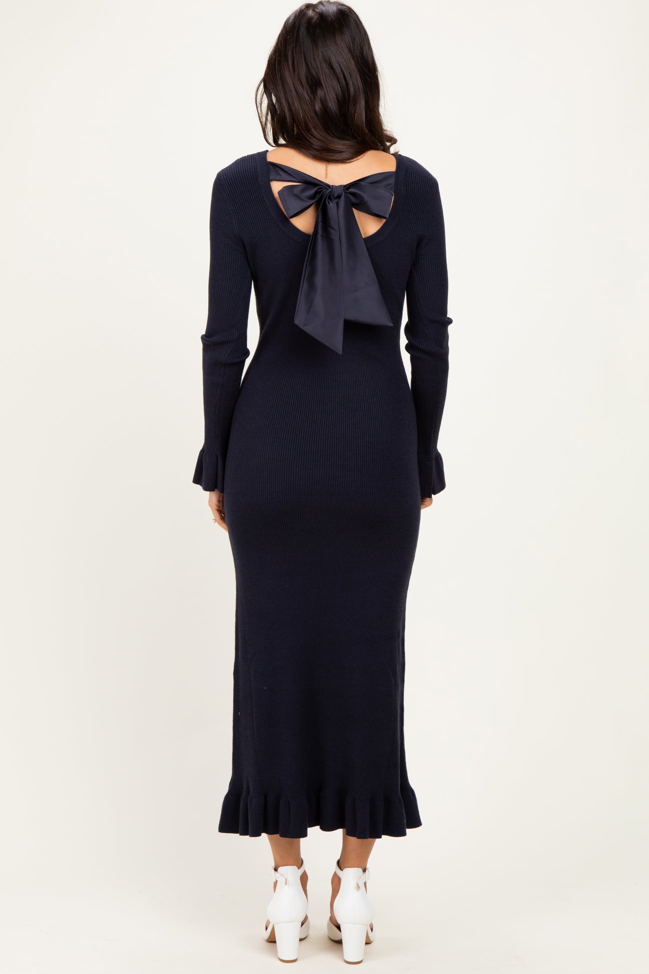 Navy Ribbed Long Sleeve Sweater Midi Dress