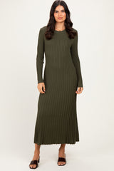 Olive Ribbed Long Sleeve Sweater Midi Dress