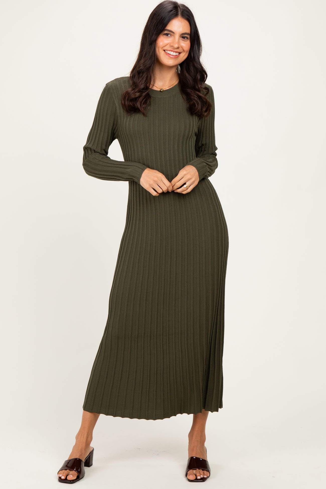 Olive Ribbed Long Sleeve Sweater Midi Dress