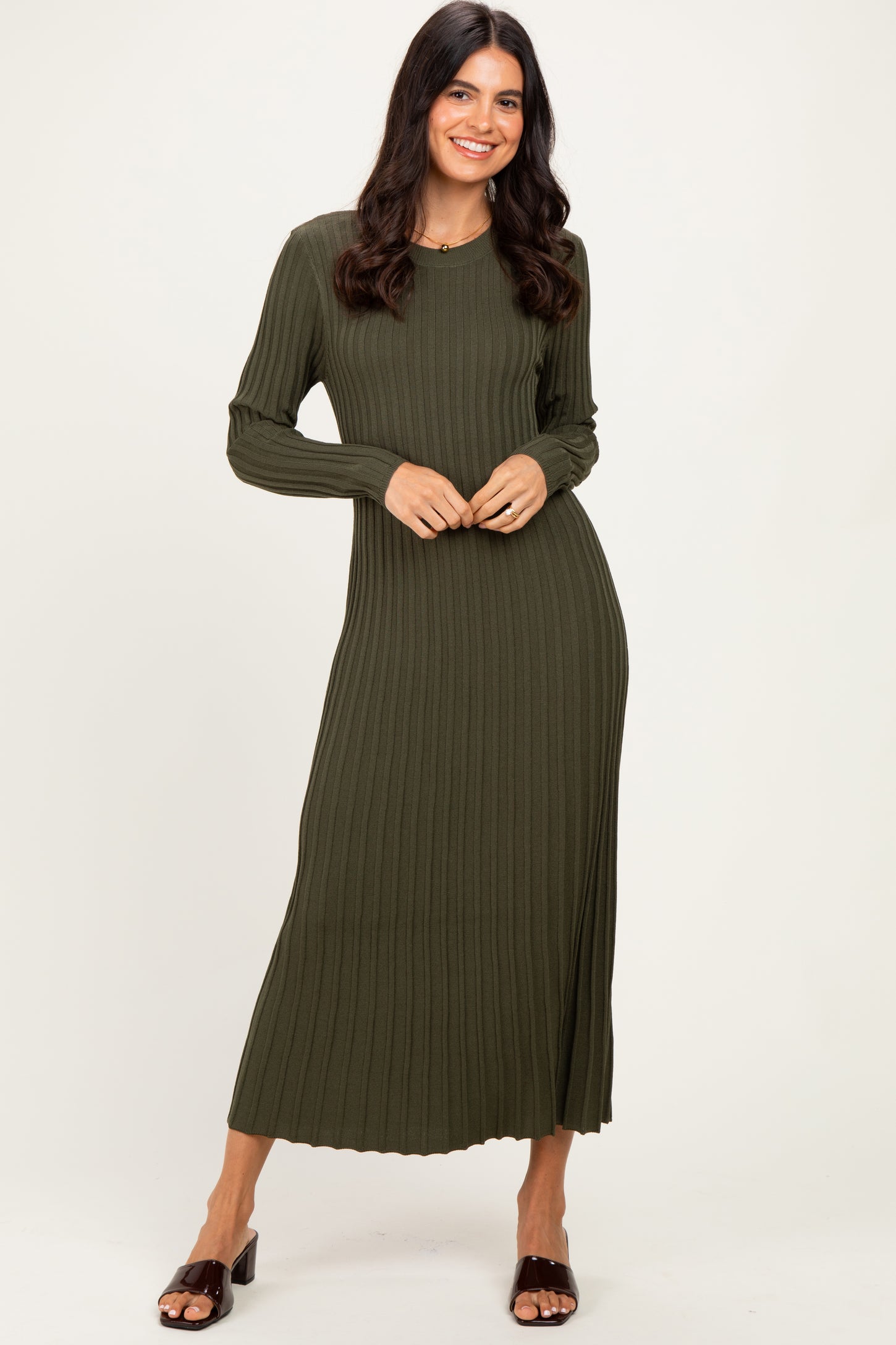 Olive Ribbed Long Sleeve Sweater Midi Dress