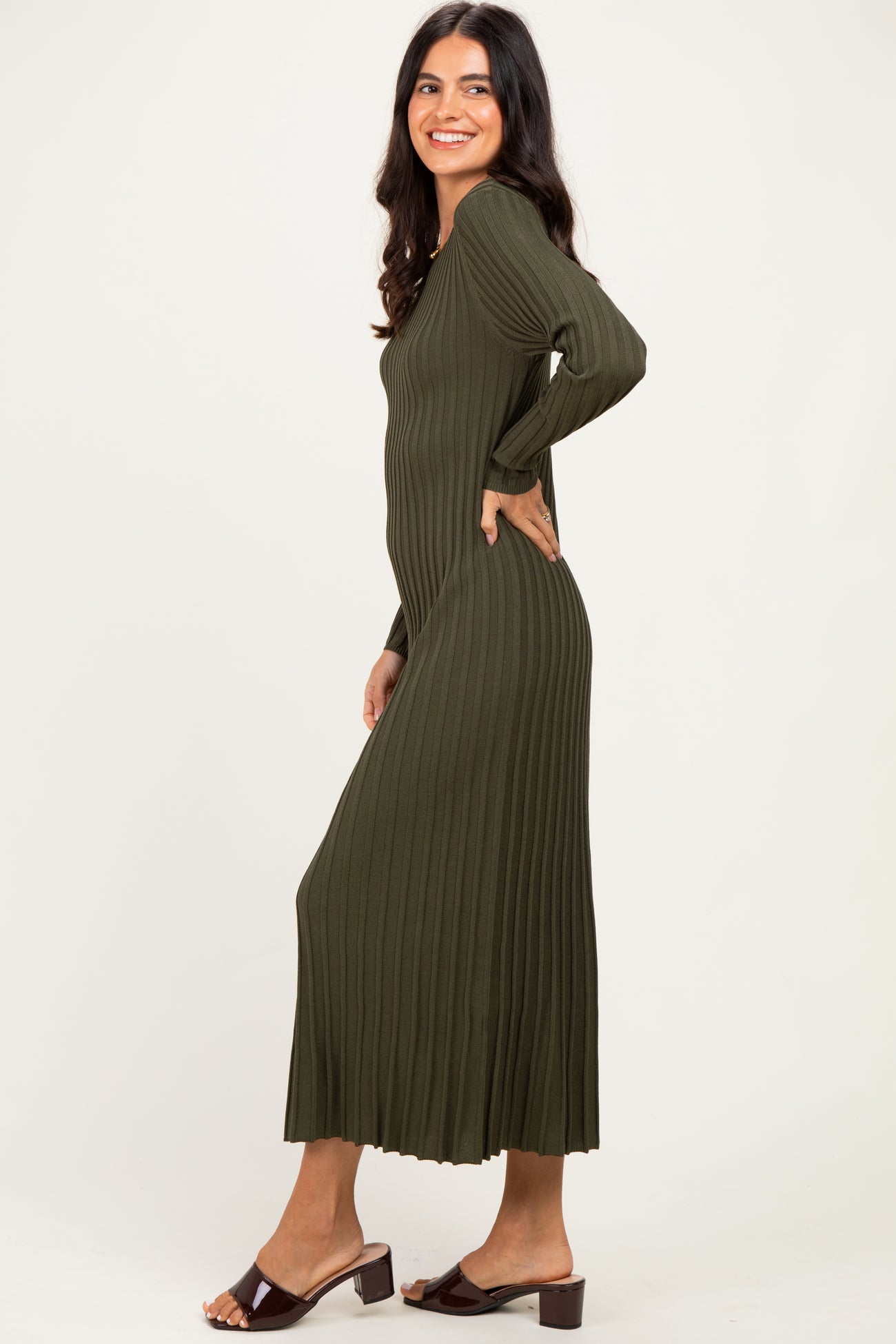 Olive Ribbed Long Sleeve Sweater Midi Dress