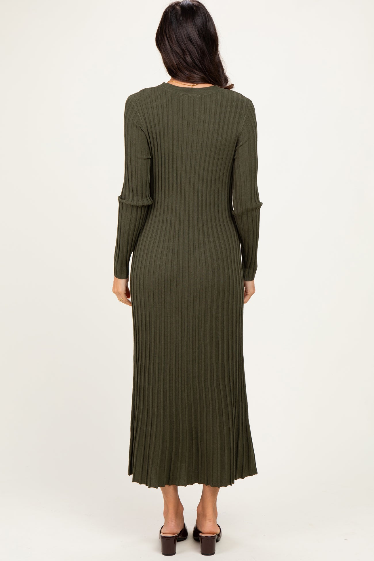Olive Ribbed Long Sleeve Sweater Midi Dress