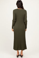 Olive Ribbed Long Sleeve Sweater Midi Dress