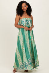 Green Printed Satin Flounce Strapless Maternity Maxi Dress