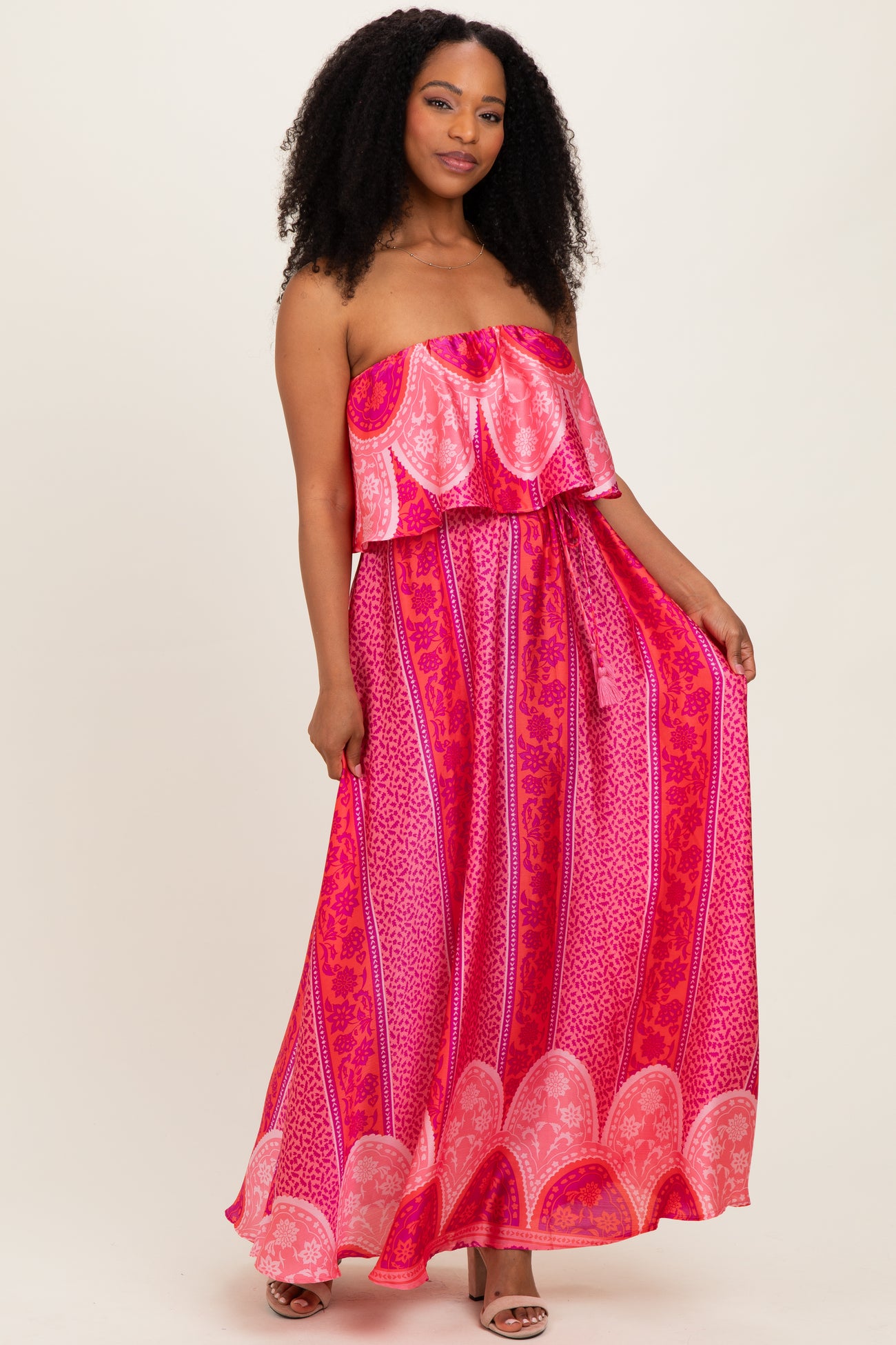 Fuchsia Printed Satin Flounce Strapless Maternity Maxi Dress