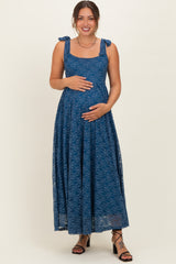 Blue Sleeveless Lace Maternity Maxi Dress