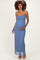 woman wearing a blue lace maternity maxi dress and holding her baby bump