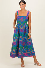 Navy Tropical Embroidery Maternity Midi Dress