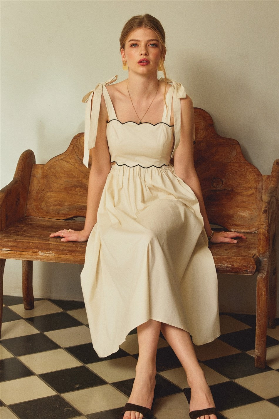 Cream Scallop Edge Side Cutout Midi Dress
