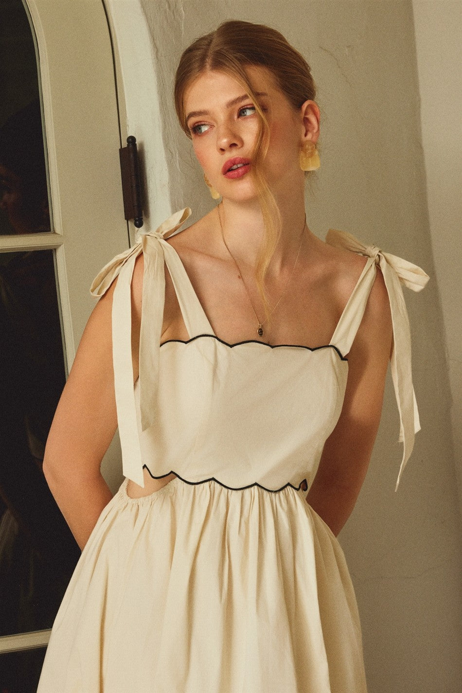 Cream Scallop Edge Side Cutout Midi Dress