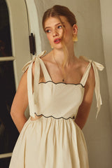 Cream Scallop Edge Side Cutout Midi Dress