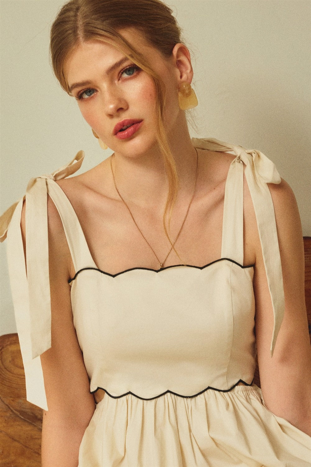 Cream Scallop Edge Side Cutout Midi Dress