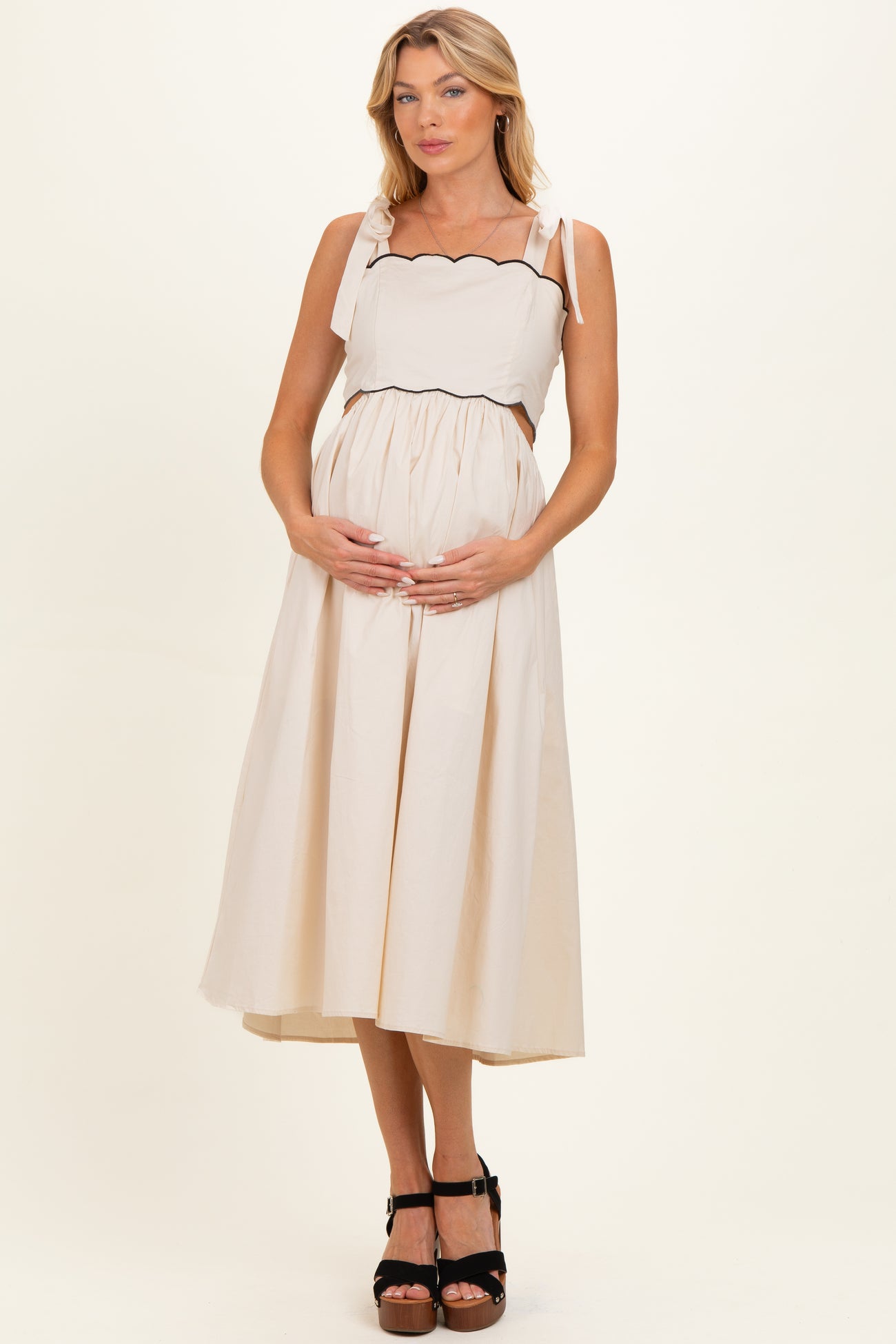 Cream Scallop Edge Side Cutout Maternity Midi Dress