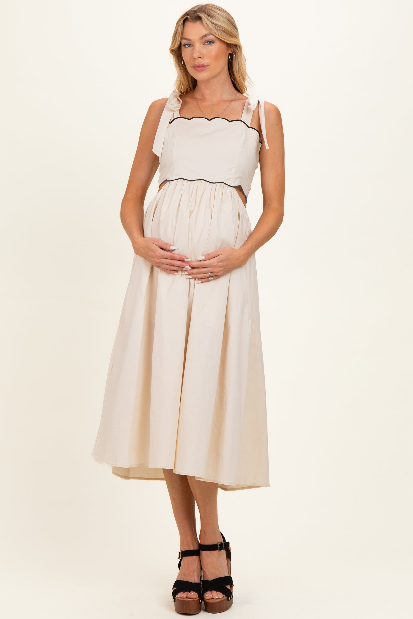 Cream Scallop Edge Side Cutout Maternity Midi Dress