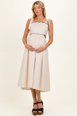 Cream Scallop Edge Side Cutout Maternity Midi Dress