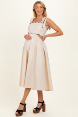 Cream Scallop Edge Side Cutout Maternity Midi Dress