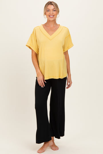 Yellow Ribbed Raw Hem Maternity Short Sleeve Top