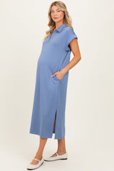 Denim Blue Collared Oversized Maternity Midi Dress