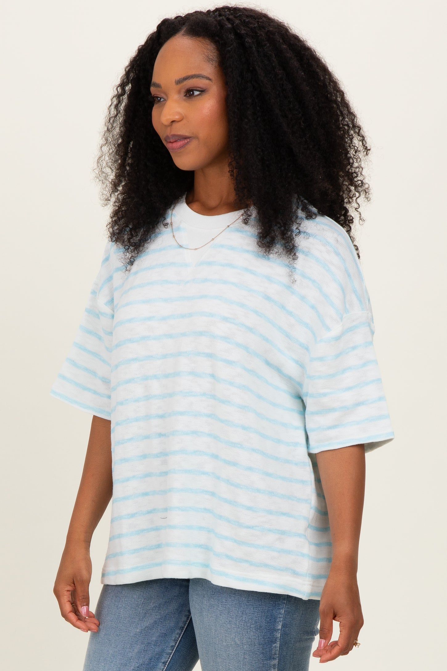 Light Blue Oversized Striped Short Sleeve Top