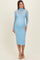 woman wearing a light blue maternity dress with long sleeves and a fitted silhouette, showcasing a baby bump