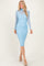 woman wearing a light blue long sleeve form-fitting dress with a mock neck and midi length
