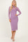 woman wearing a lilac long sleeve bodycon midi dress with a turtleneck and sheer detailing