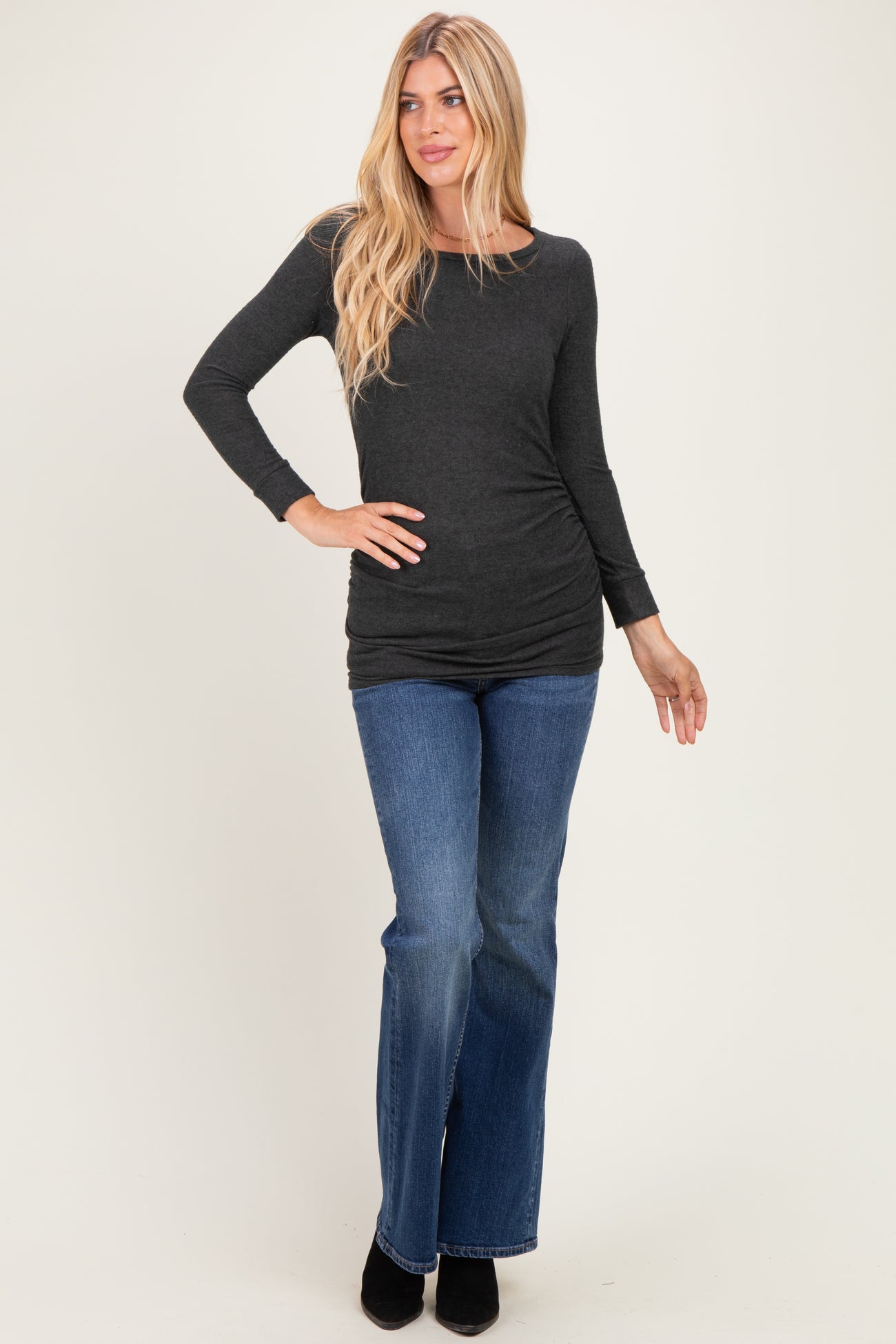 Charcoal Soft Knit Ruched Top