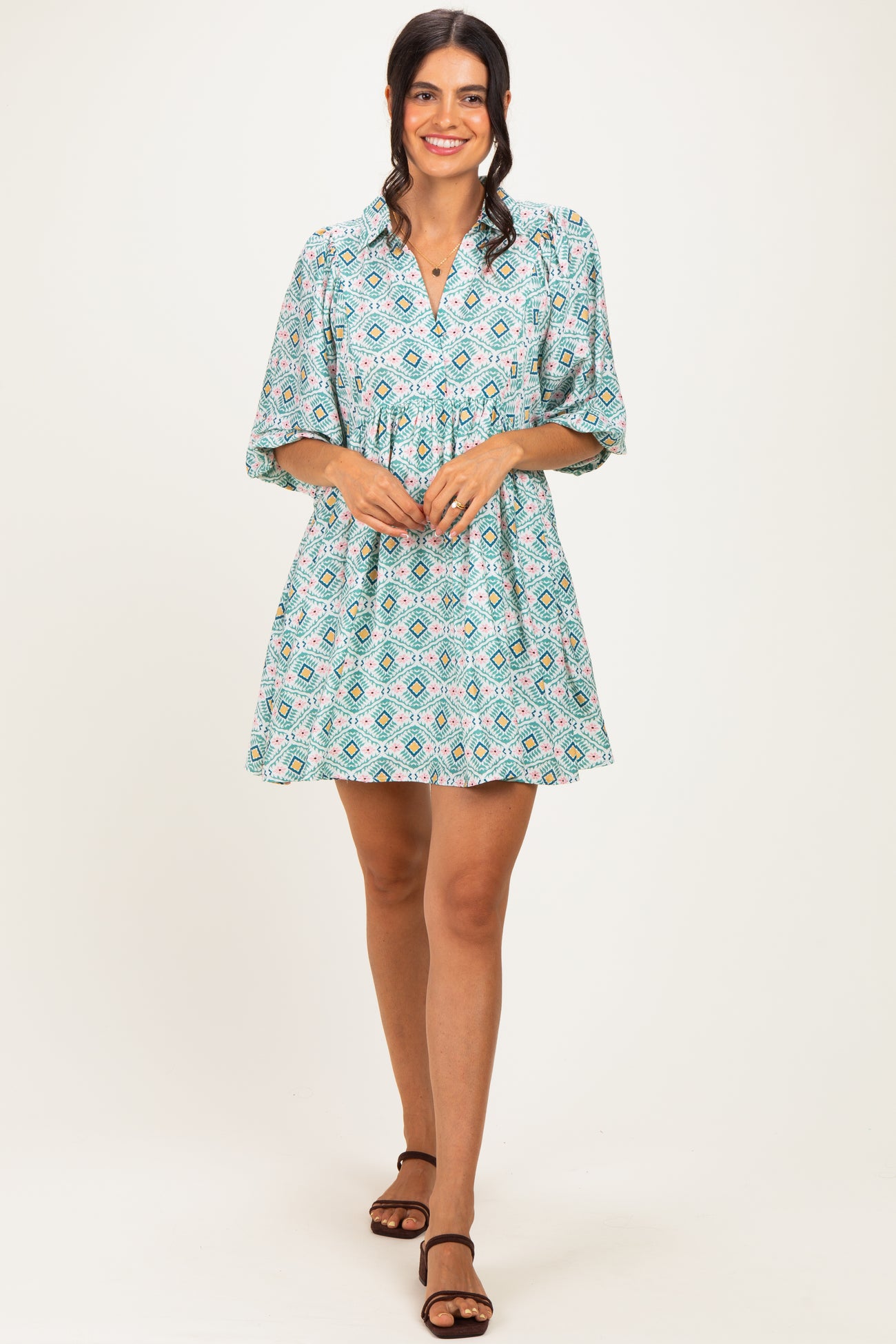 Green Print Collared Balloon Sleeve Maternity Dress