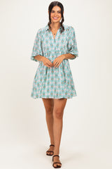 Green Print Collared Balloon Sleeve Maternity Dress