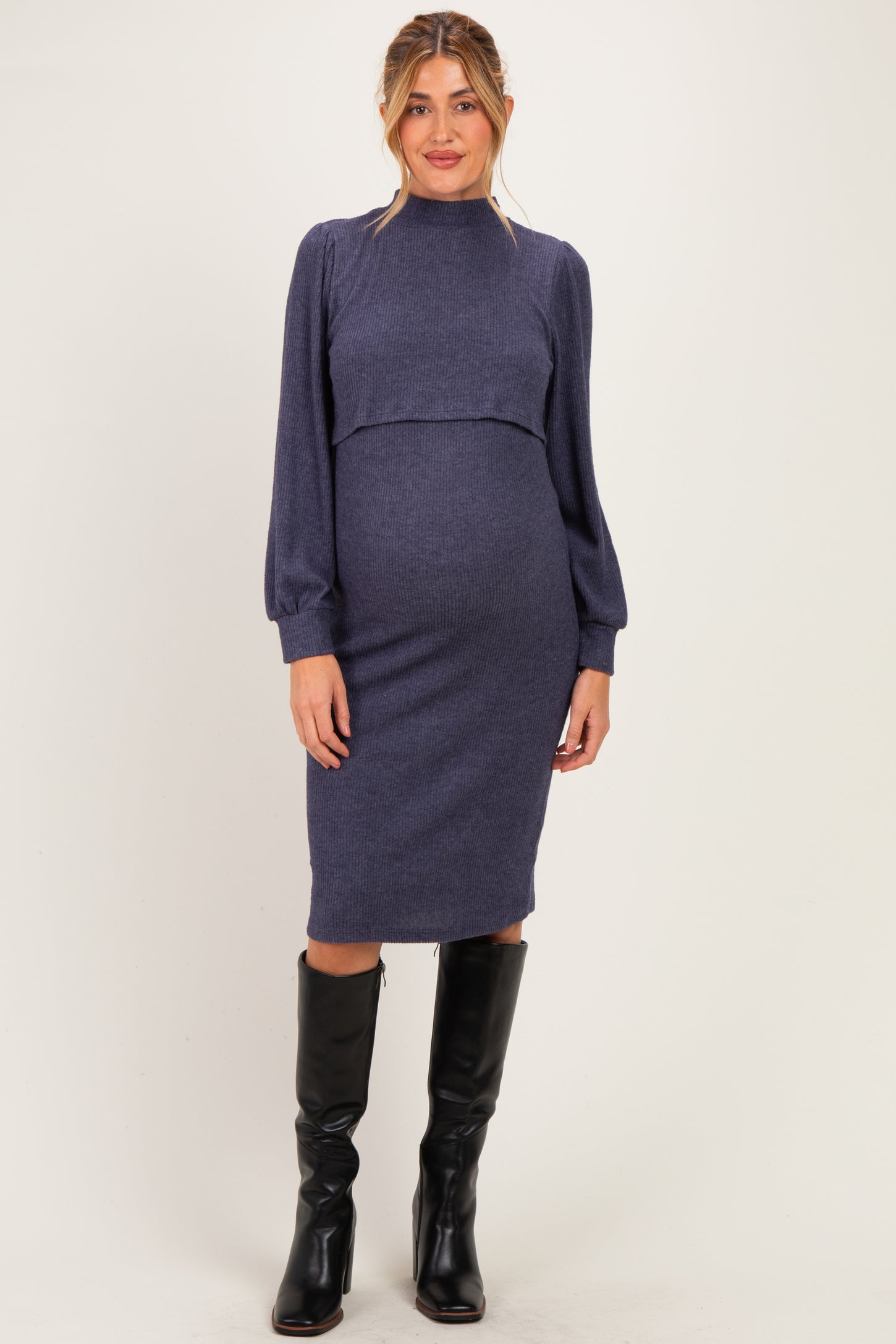 Navy Rib Knit Mock Neck Maternity Nursing Dress