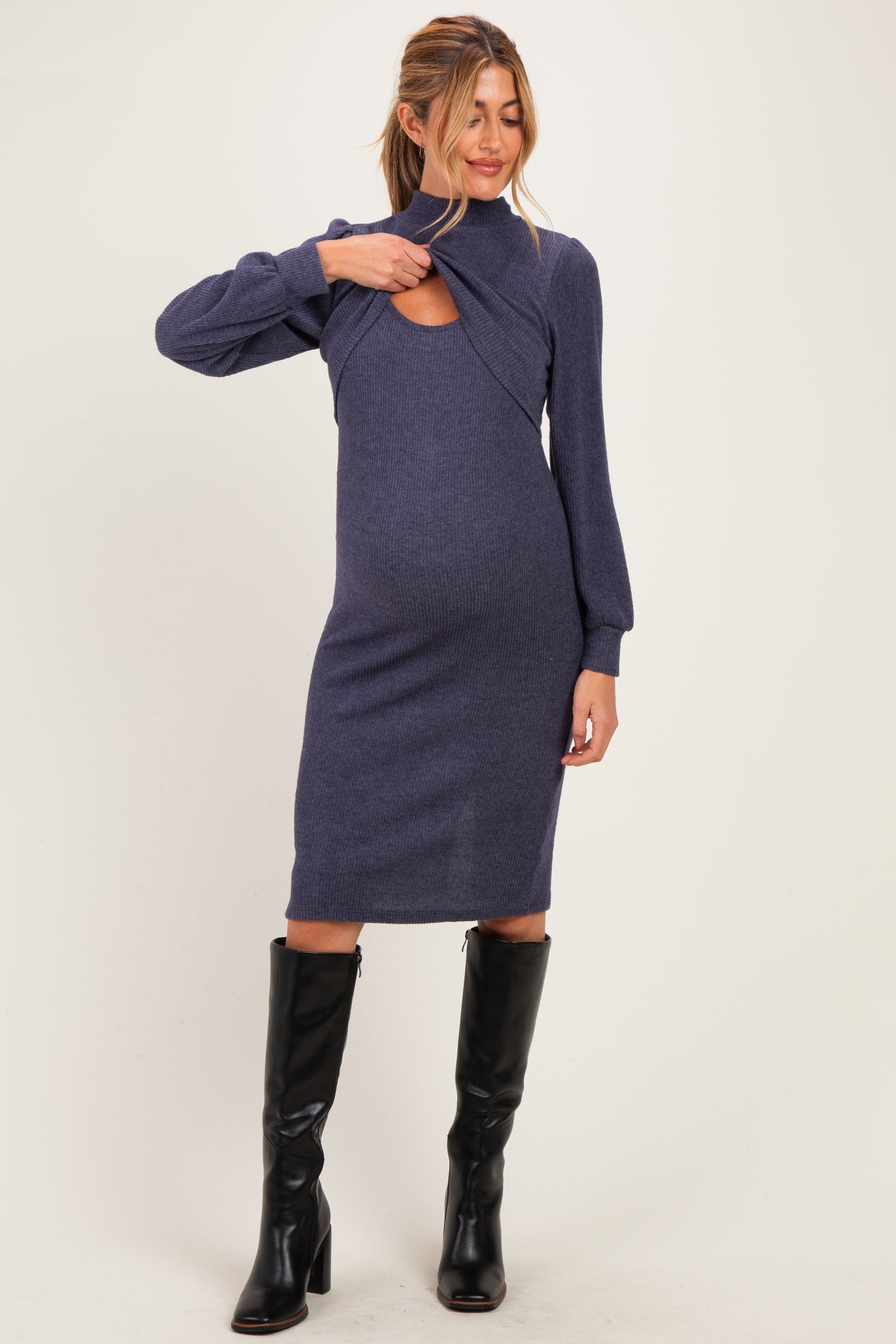 Navy Rib Knit Mock Neck Maternity Nursing Dress