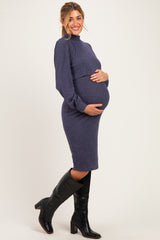 Navy Rib Knit Mock Neck Maternity Nursing Dress