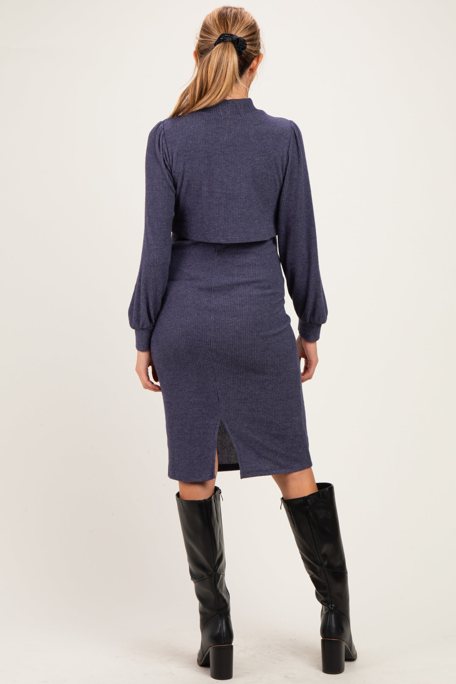 Navy Rib Knit Mock Neck Maternity Nursing Dress