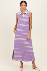 woman wearing a lavender striped sleeveless maxi dress with a white collar and side slits