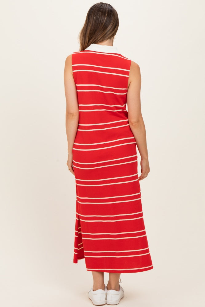 Red Striped Sleeveless Collared Maternity Midi Dress