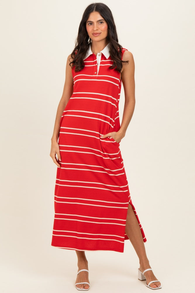 Red Striped Sleeveless Collared Midi Dress