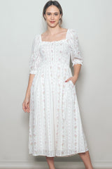 Cream Floral Smocked Midi Dress