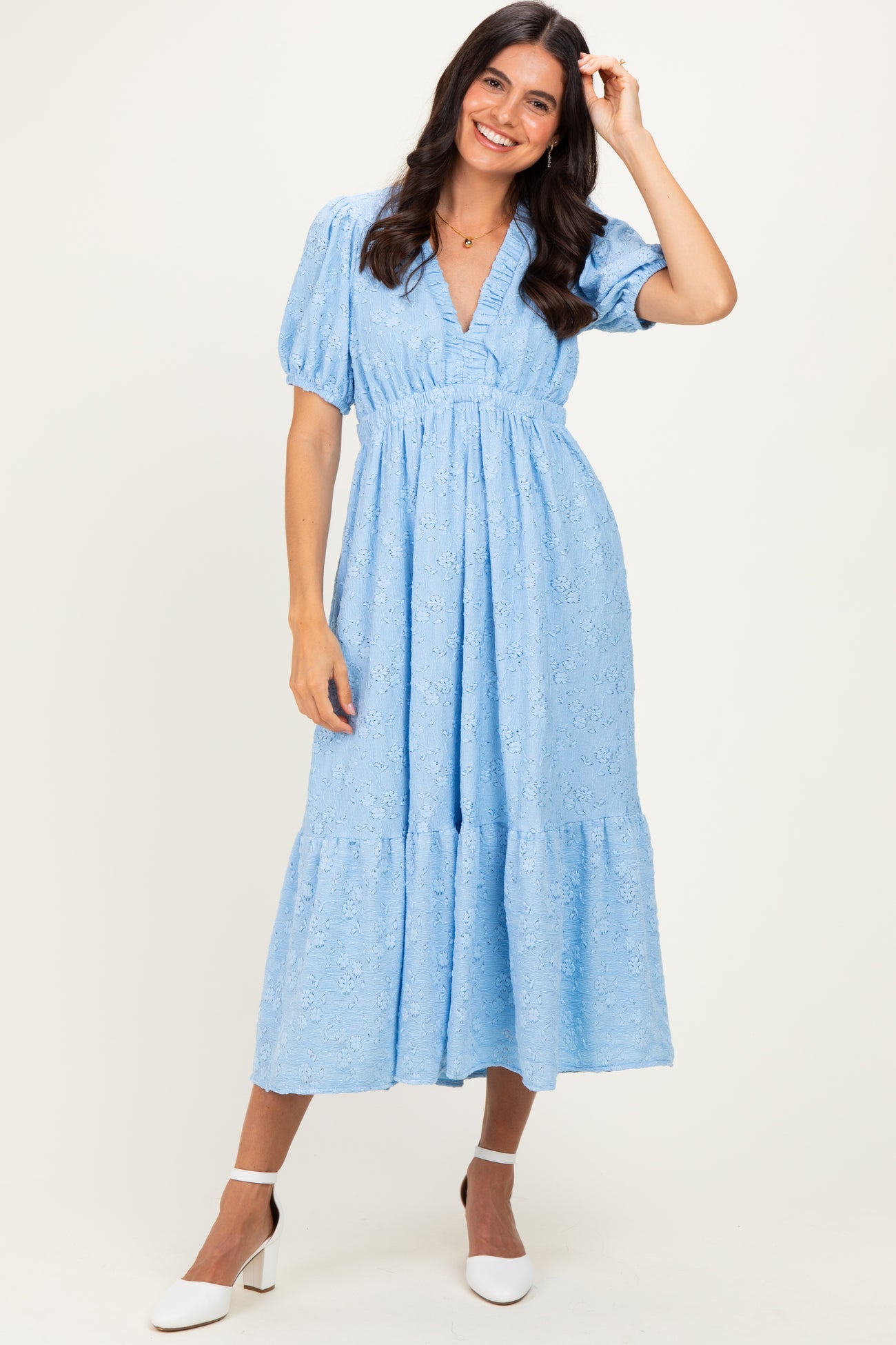 Light Blue Lace V-Neck Puff Sleeve Maternity Maxi Dress