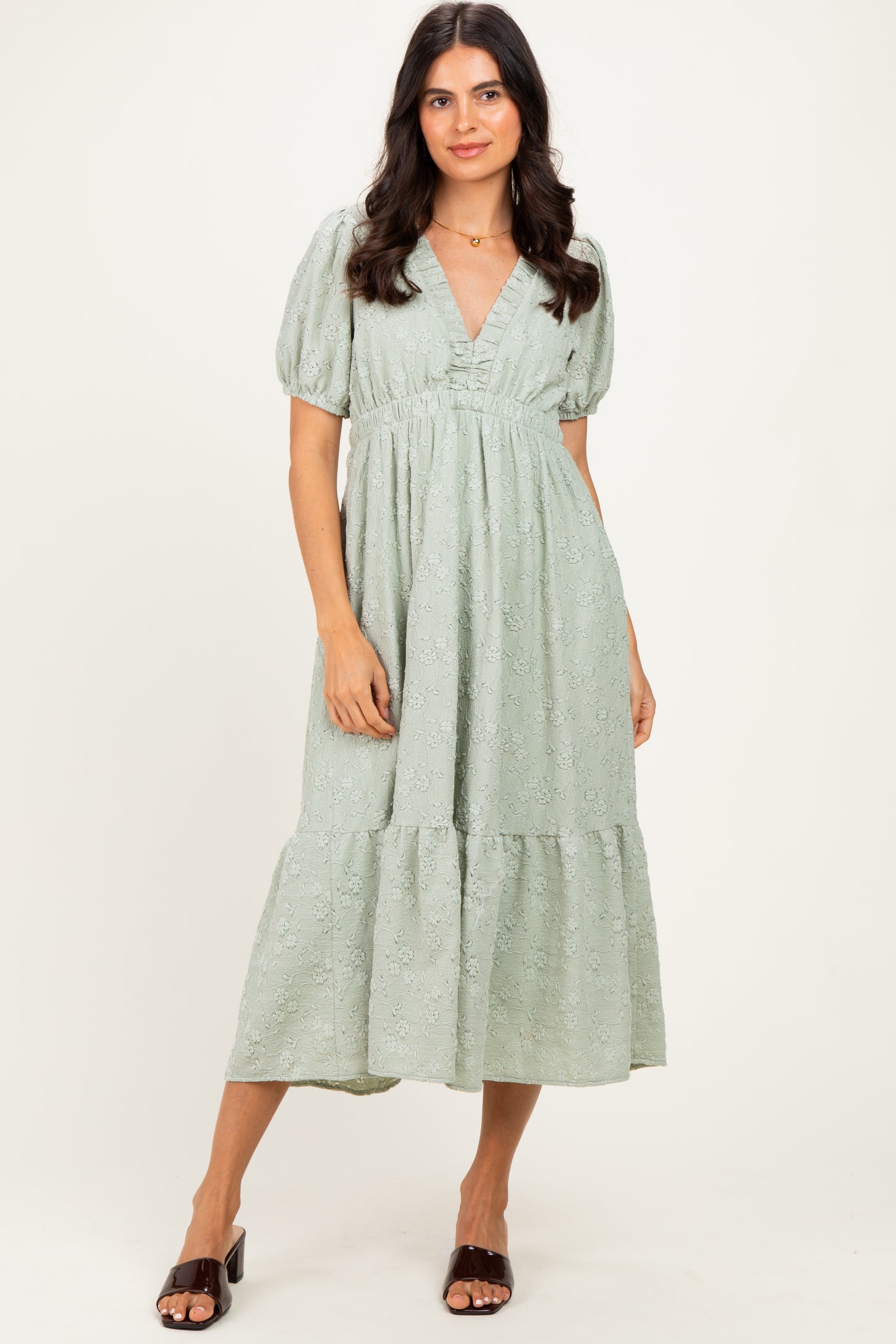 Sage Lace V-Neck Puff Sleeve Maternity Maxi Dress