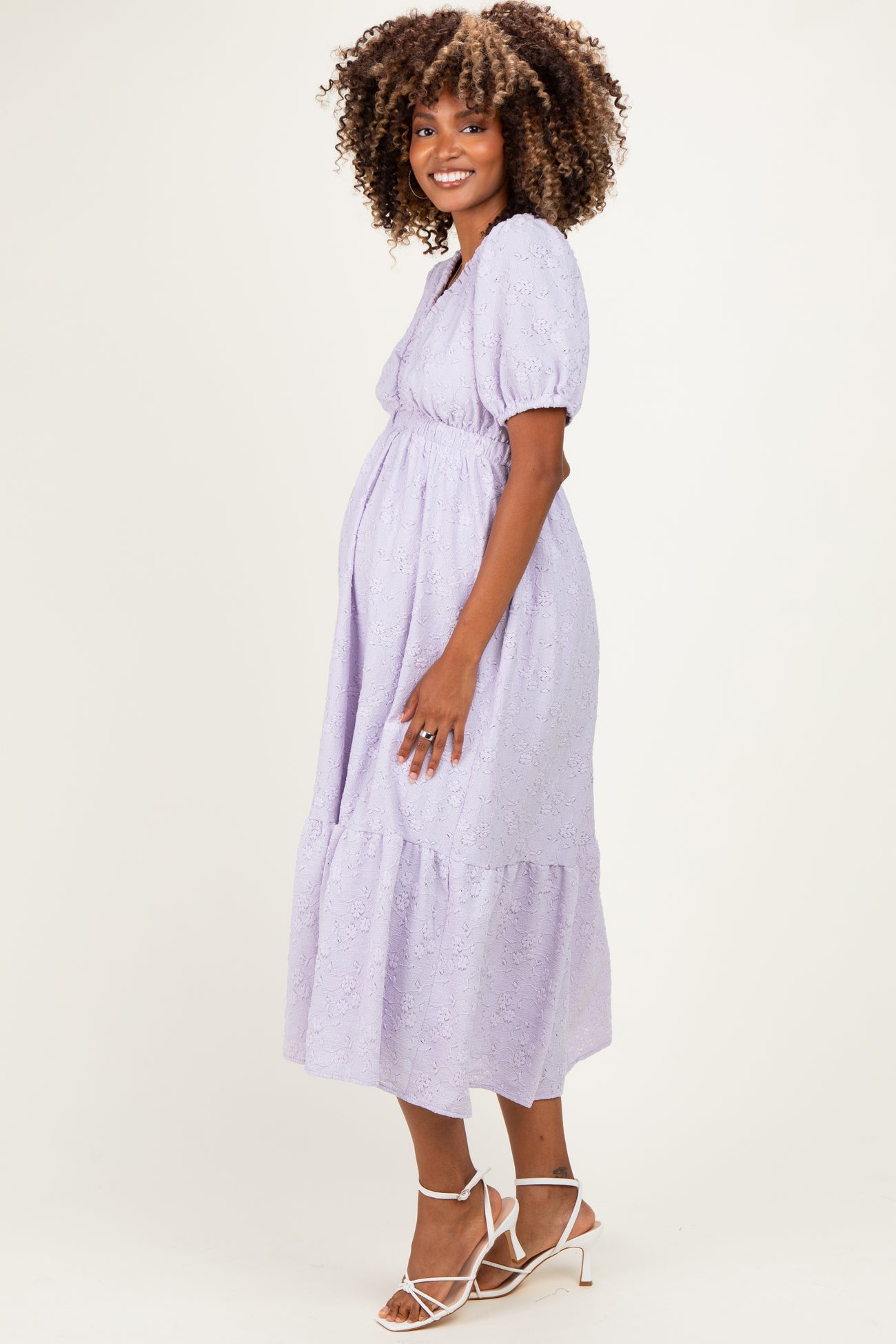 Lavender Lace V-Neck Puff Sleeve Maternity Maxi Dress