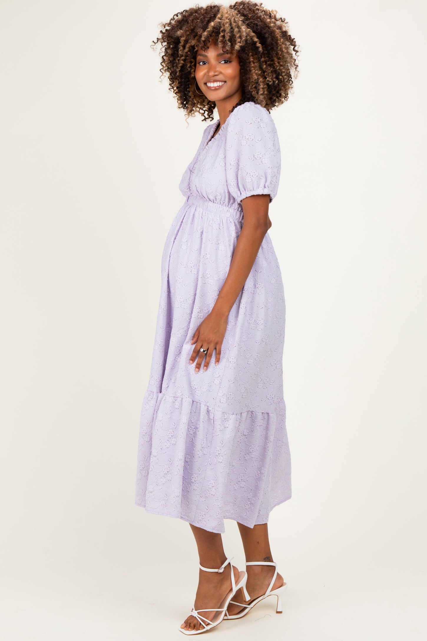 Lavender Lace V-Neck Puff Sleeve Maternity Maxi Dress
