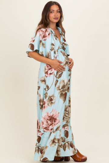 Mint Floral V-Neck Maternity Maxi Dress