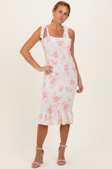 Peach Floral Shoulder Tie Fitted Maternity Midi Dress