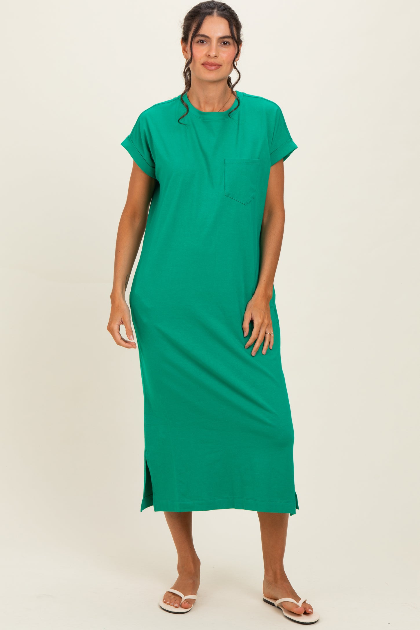 Kelly Green Pocket Front Maternity Midi T-Shirt Dress