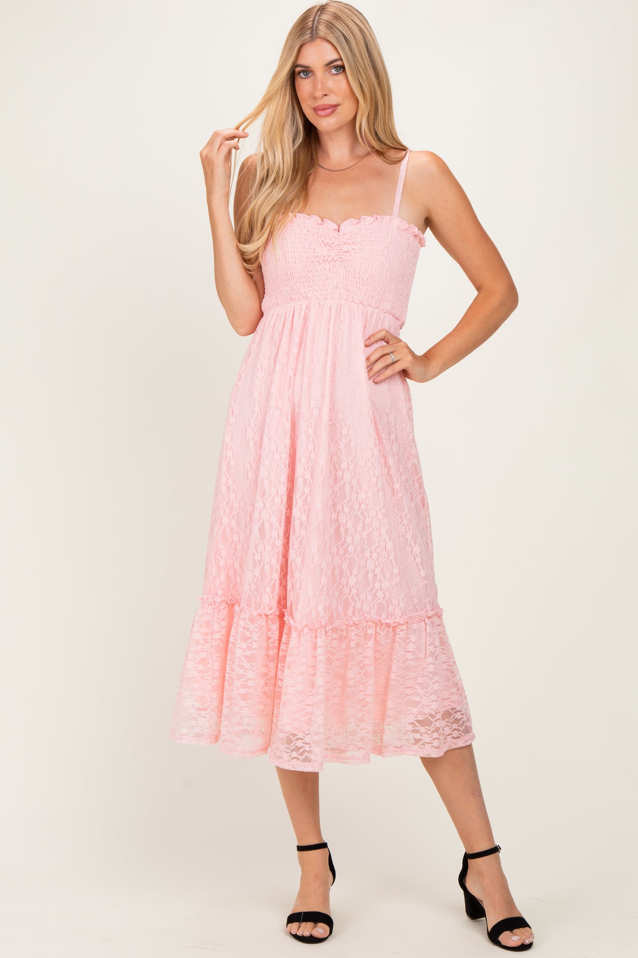 Light Pink Sleeveless Lace Maternity Maxi Dress