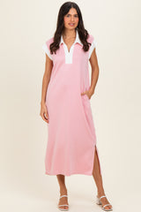 Pink Colorblock Polo Maternity Midi Dress