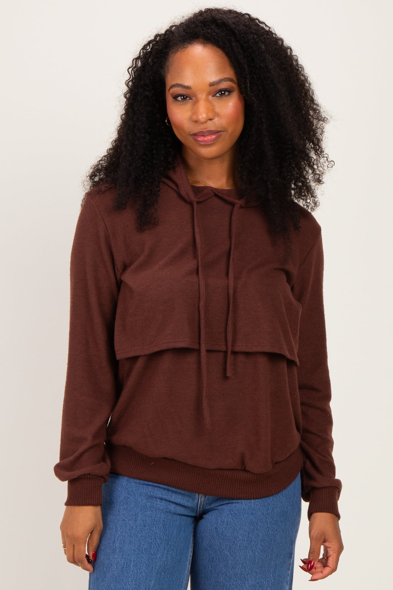 Burgundy Double Layer Long Sleeve Maternity Nursing Hoodie