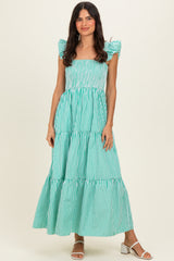 Green Striped Ruffle Strap Smocked Maternity Maxi Dress