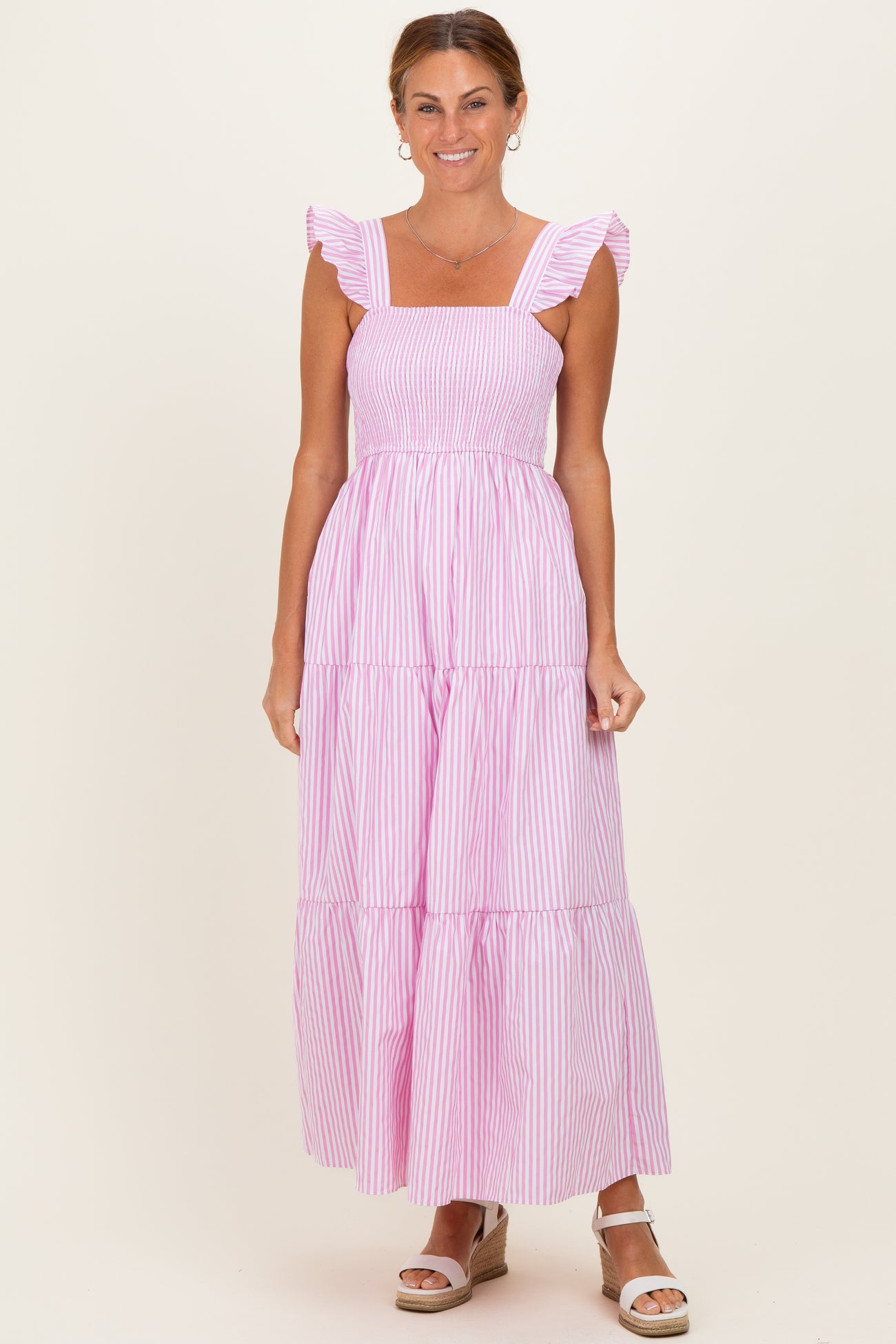 Pink Striped Ruffle Strap Smocked Maternity Maxi Dress