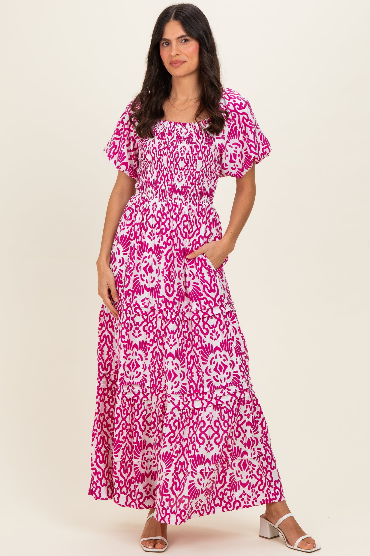 Fuchsia Printed Puff Sleeve Smocked Maternity Maxi Dress